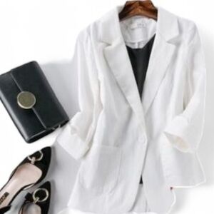 Jofemuho Cotton Linen Blazer Long Sleeve Single Button White Linen Sz S Women